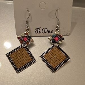 Brown and Red Woven Square Earrings with Red Accent